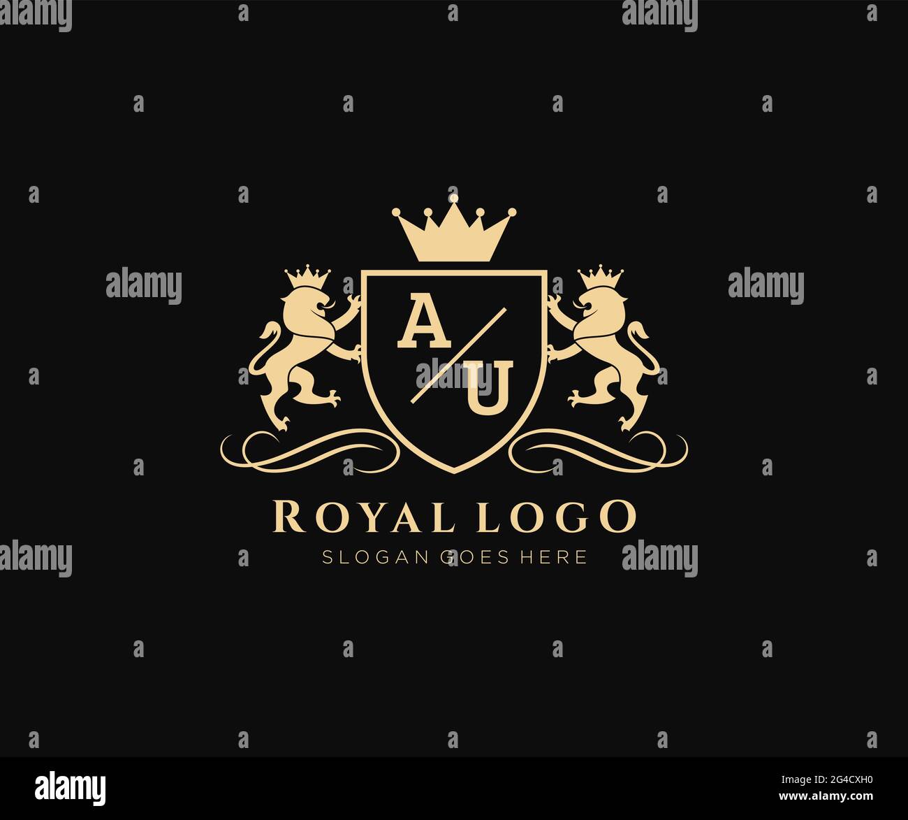 AU Letter Lion Royal Luxury Heraldic,Crest Logo template in vector art for Restaurant, Royalty, Boutique, Cafe, Hotel, Heraldic, Jewelry, Fashion and Stock Vector