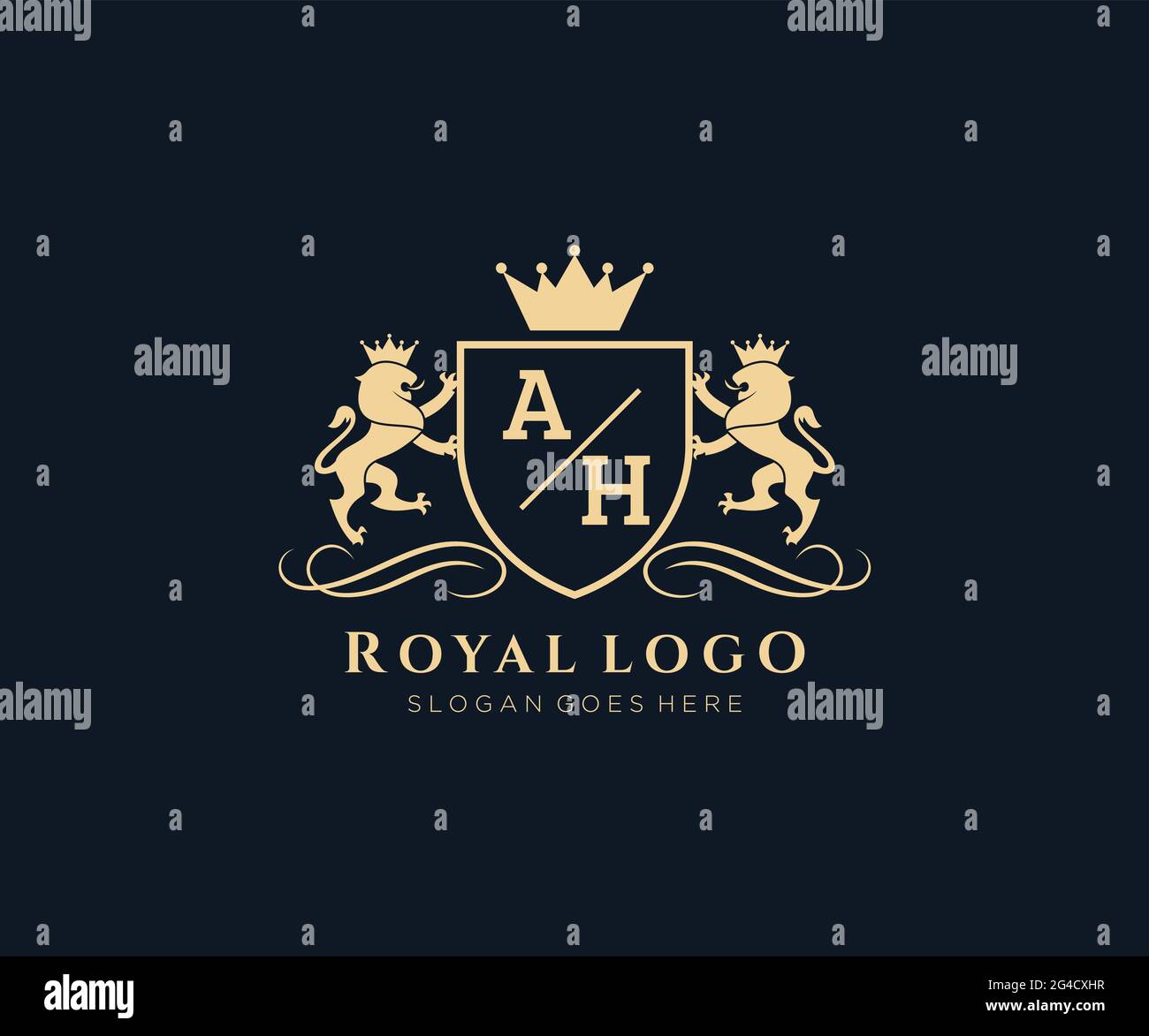 AH Letter Lion Royal Luxury Heraldic,Crest Logo template in vector art for Restaurant, Royalty, Boutique, Cafe, Hotel, Heraldic, Jewelry, Fashion and Stock Vector