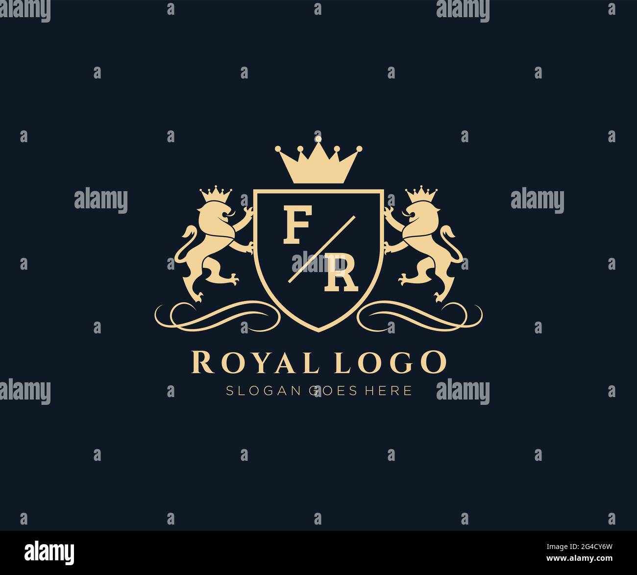 FR Letter Lion Royal Luxury Heraldic,Crest Logo template in vector art for Restaurant, Royalty, Boutique, Cafe, Hotel, Heraldic, Jewelry, Fashion and Stock Vector
