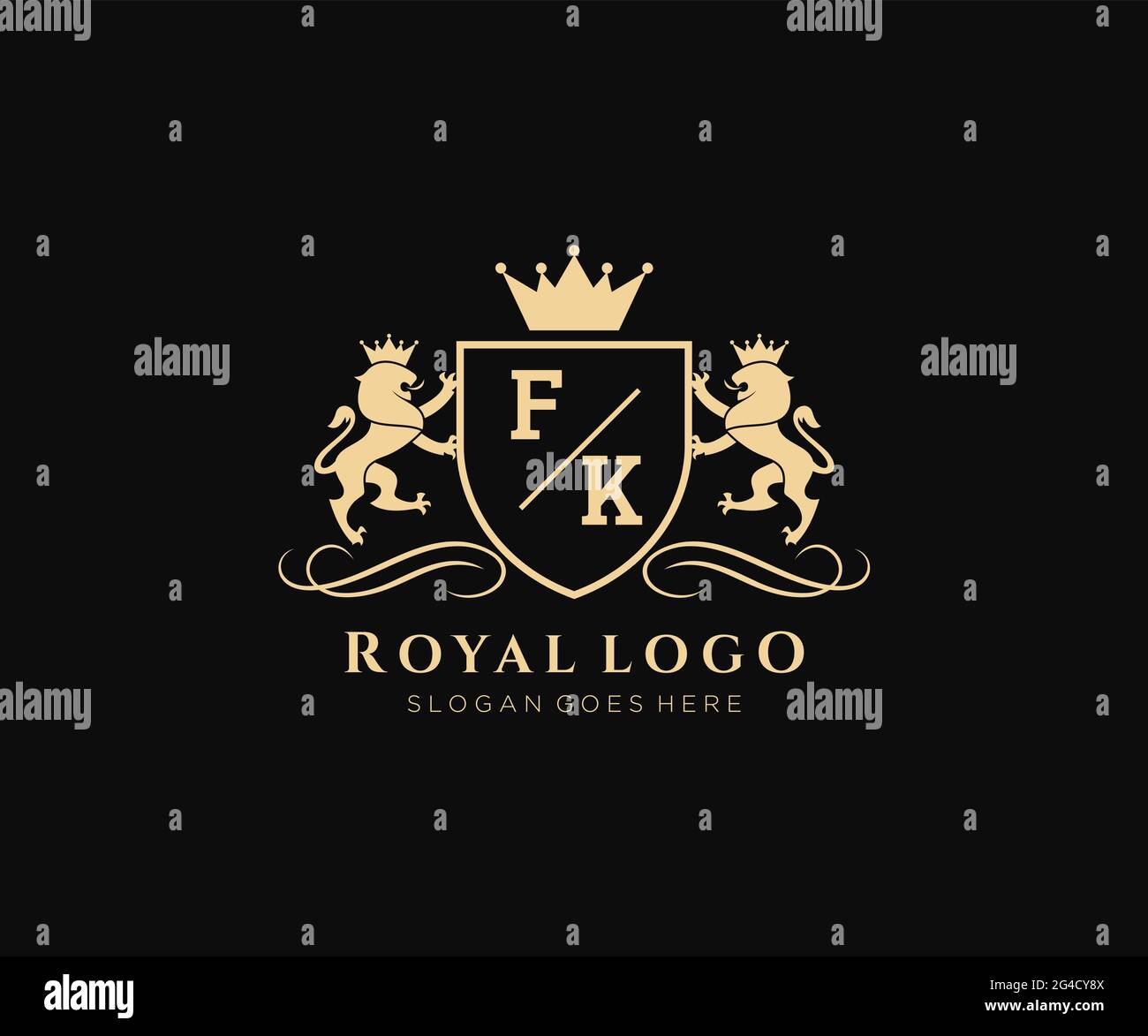 FK Letter Lion Royal Luxury Heraldic,Crest Logo template in vector art for Restaurant, Royalty, Boutique, Cafe, Hotel, Heraldic, Jewelry, Fashion and Stock Vector