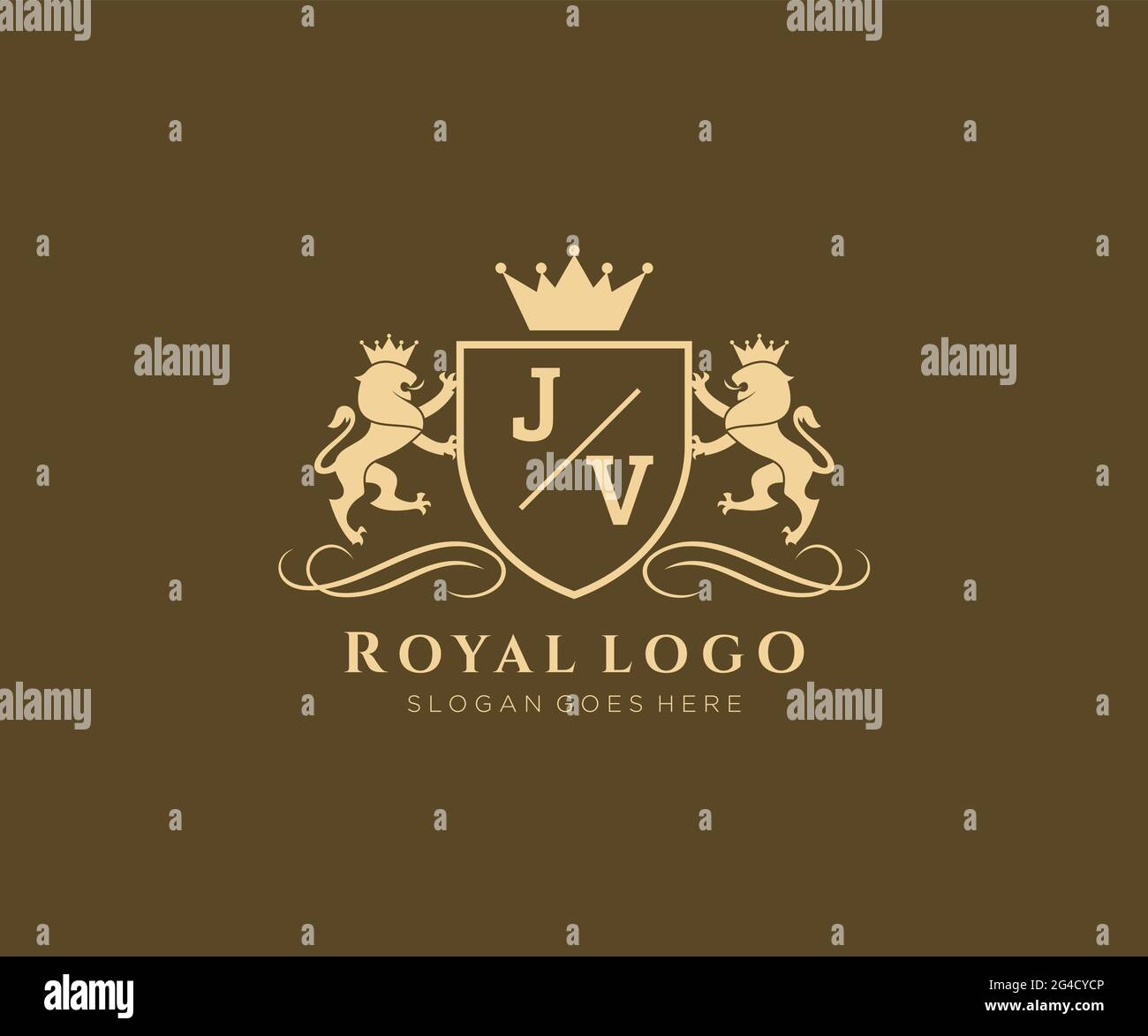 JV Letter Lion Royal Luxury Heraldic,Crest Logo template in vector art for Restaurant, Royalty, Boutique, Cafe, Hotel, Heraldic, Jewelry, Fashion and Stock Vector