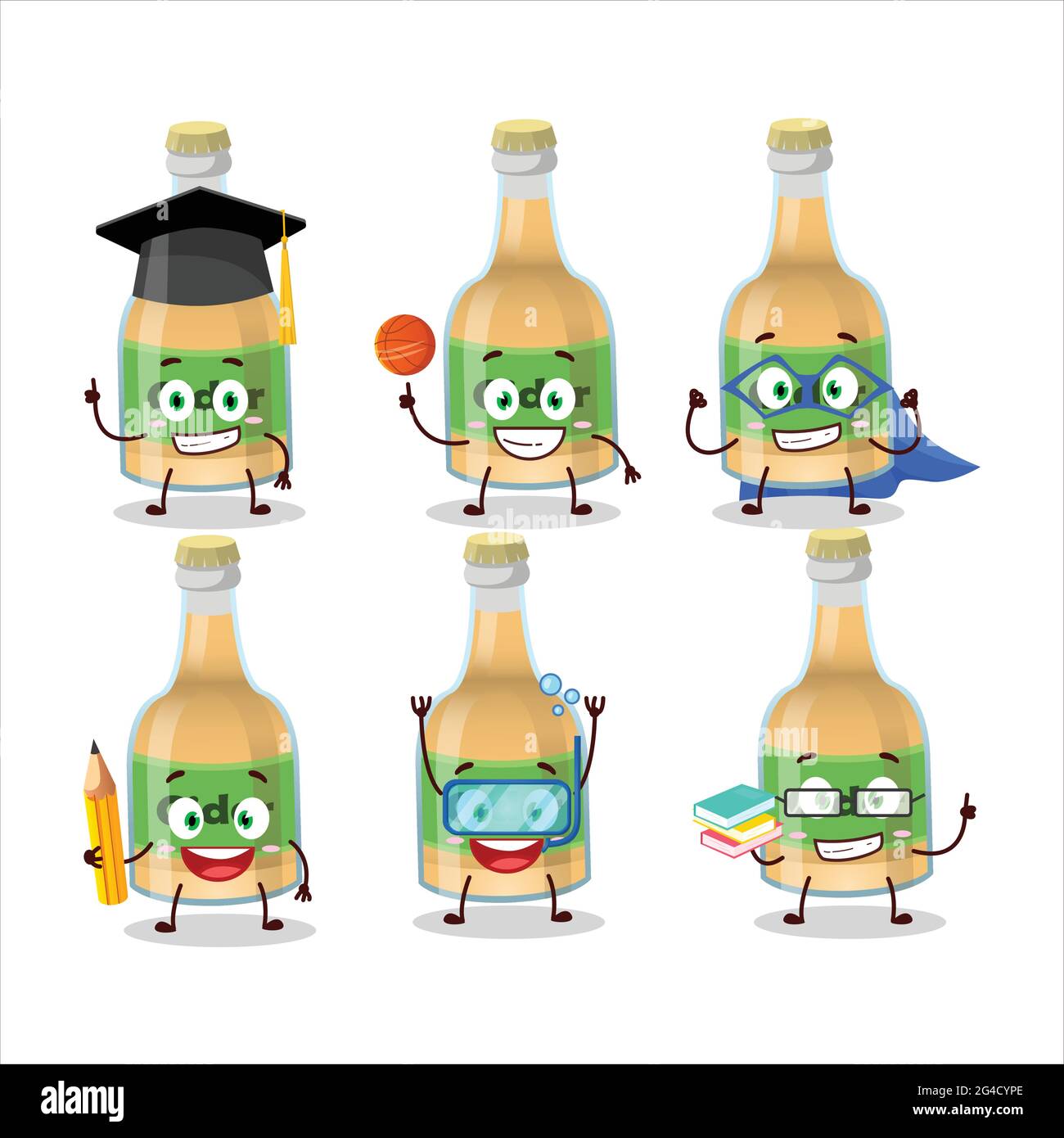 School student of cider bottle cartoon character with various