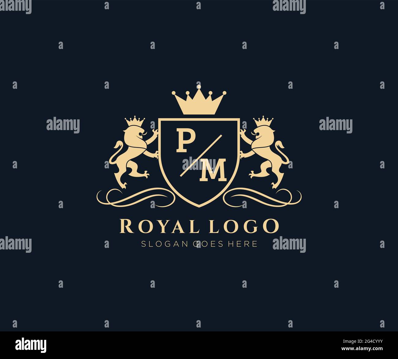 PM Letter Lion Royal Luxury Heraldic,Crest Logo template in vector art for Restaurant, Royalty, Boutique, Cafe, Hotel, Heraldic, Jewelry, Fashion and Stock Vector