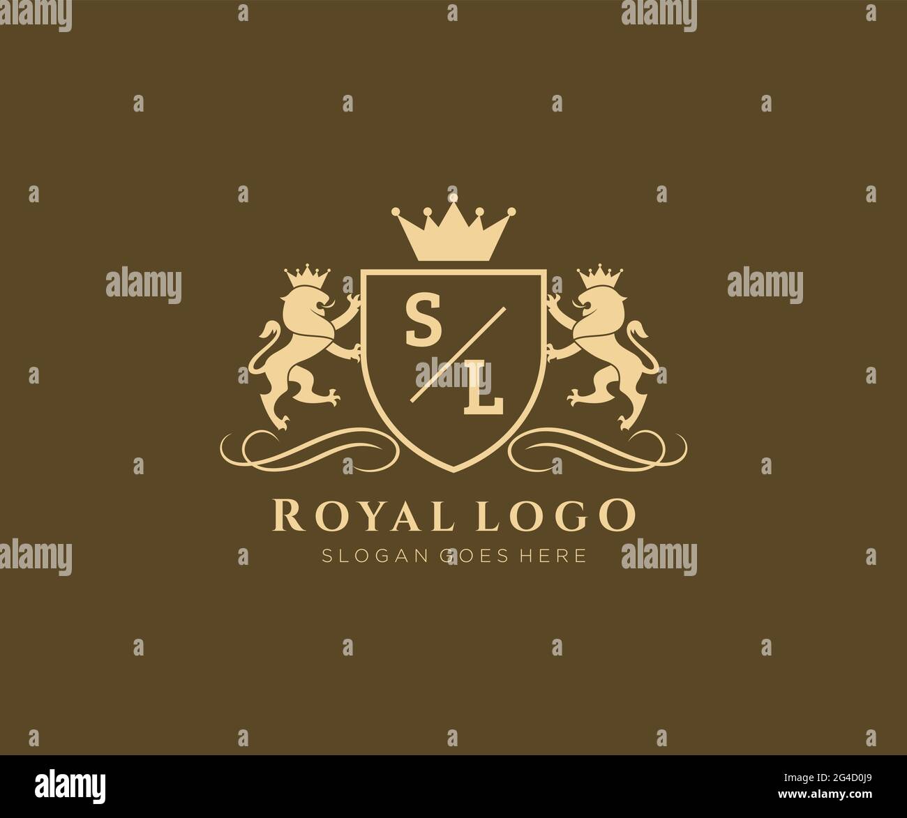 SL Letter Lion Royal Luxury Heraldic,Crest Logo template in vector art for Restaurant, Royalty, Boutique, Cafe, Hotel, Heraldic, Jewelry, Fashion and Stock Vector
