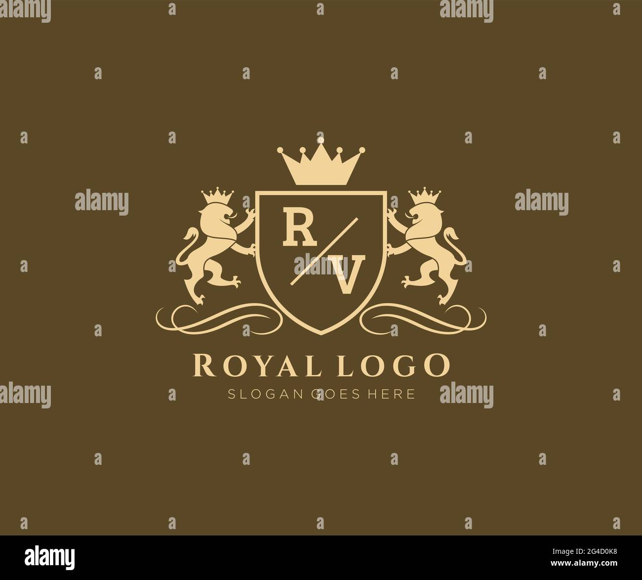 RV Letter Lion Royal Luxury Heraldic,Crest Logo template in vector art for Restaurant, Royalty, Boutique, Cafe, Hotel, Heraldic, Jewelry, Fashion and Stock Vector