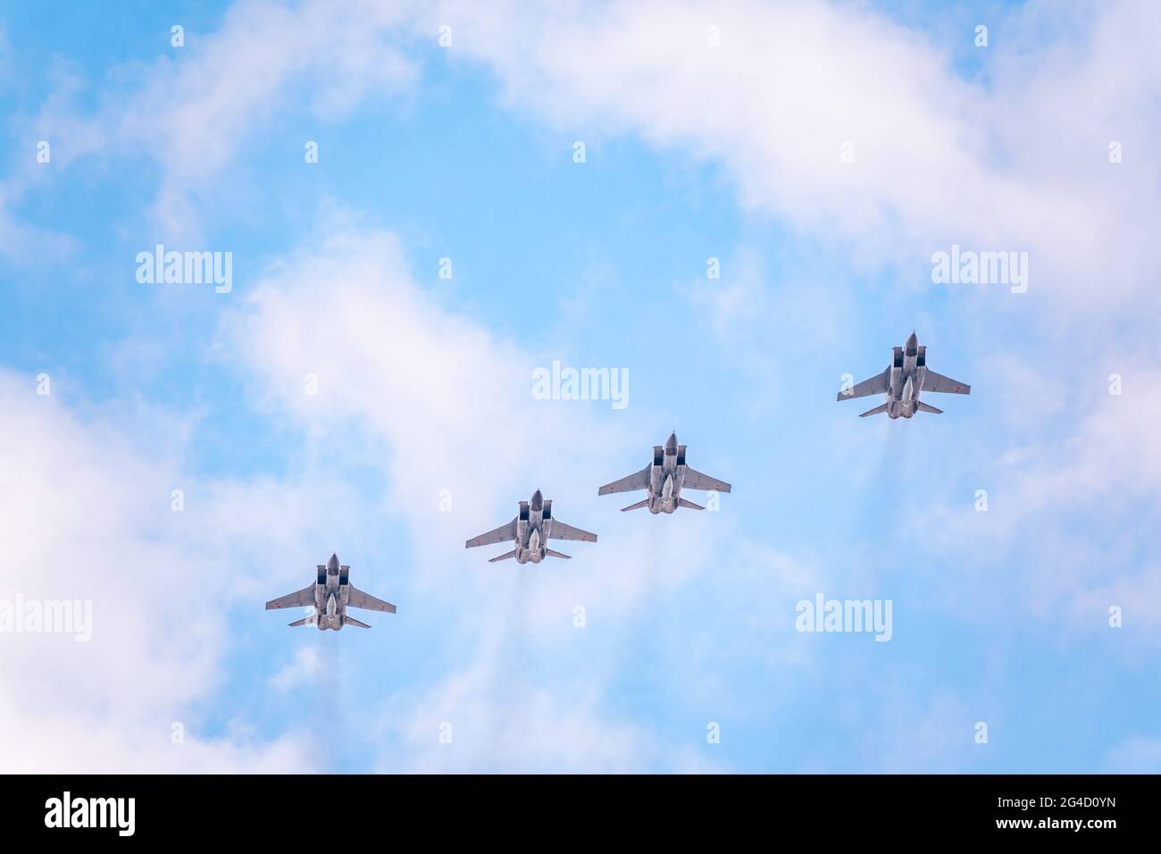 Moscow, Russia - May, 05, 2021: Four MIG-31K, Foxhound, with Kh-47M2 Kinzhal missle flying over Red Square during the preparation of the May 9 parade. Stock Photo