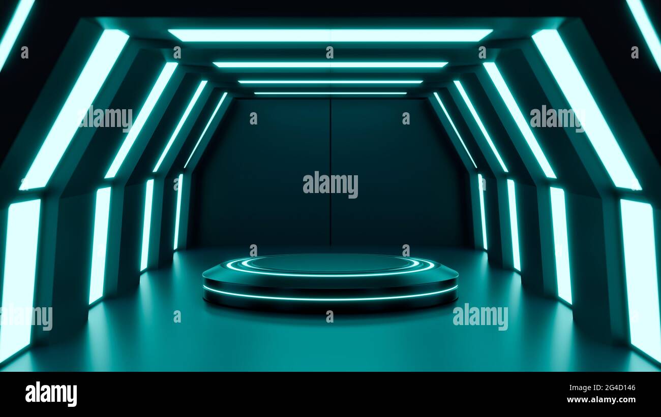 Futuristic mock up scene with podium for product display, abstract blue  neon futuristic sci-fi interior design Stock Photo - Alamy