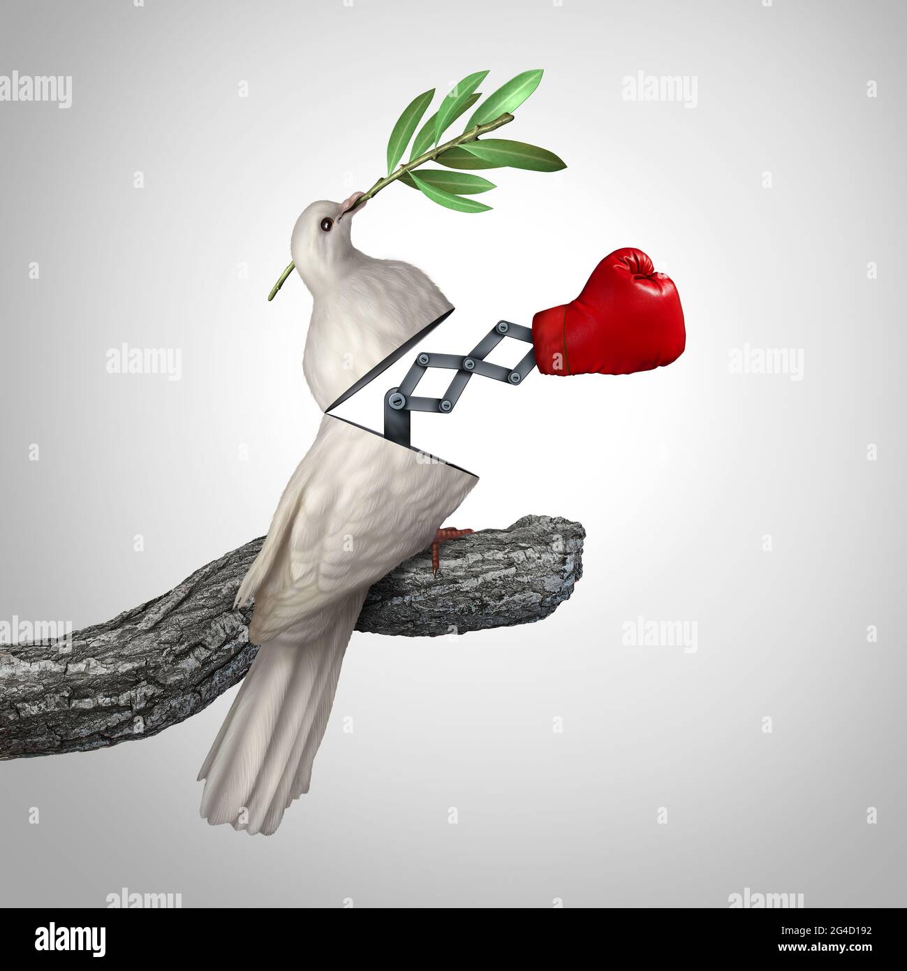 Concept of deception and betrayal as deceptive truth or falsehood and being deceived as an open peace dove with a punching symbol surprise. Stock Photo