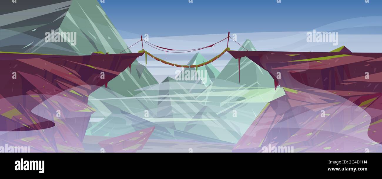 Suspended rope bridge hang above foggy mountain cliff, scenery rocky landscape background. Panoramic nature view with wooden bridgework connect rock edges at dull day, Cartoon vector illustration Stock Vector