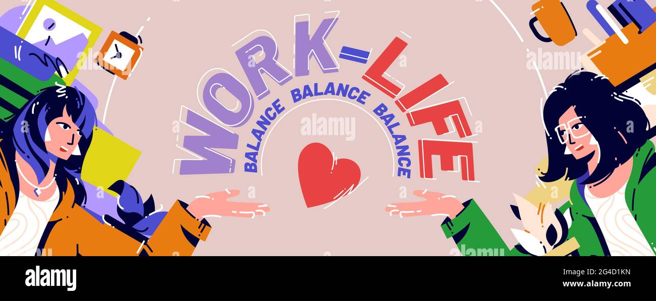 Work and life balance cartoon poster, businesswoman sitting at ...
