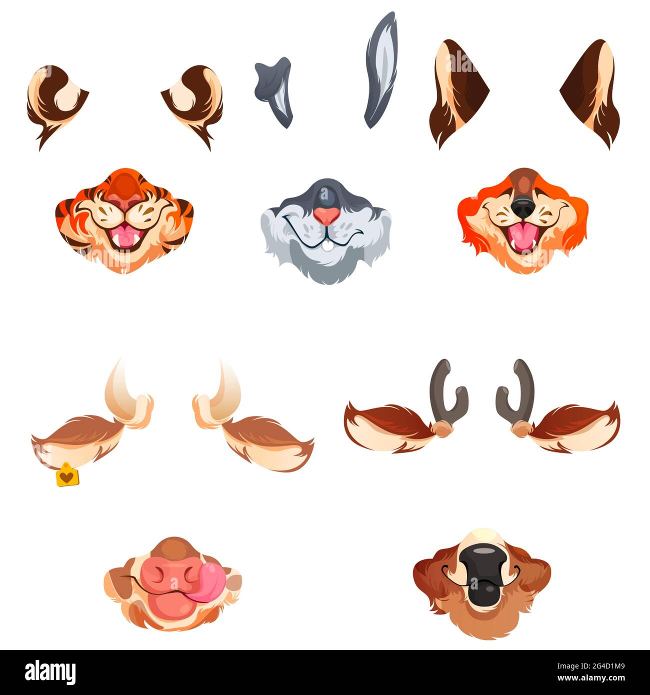 Animal face masks for social networks, selfie photo or video chat filter. Cute tiger, rabbit, fox and cow or deer muzzles, ears, noses and fur elements isolated on white background, cartoon vector set Stock Vector