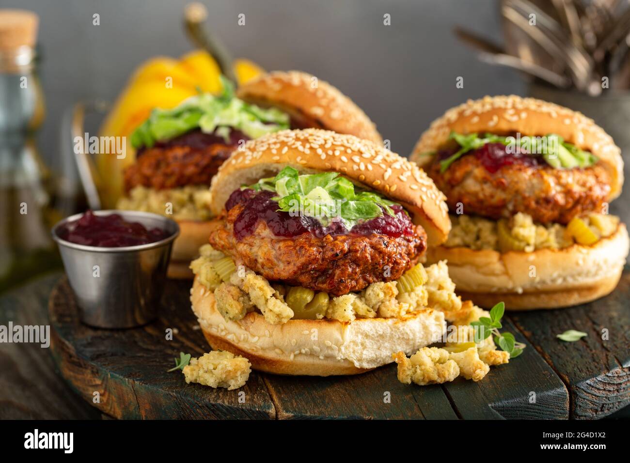 Turkey burgers with stuffing and cranberry sauce Stock Photo Alamy