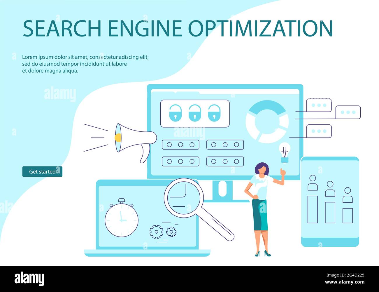 Landing webpage template of SEO Optimization. Web app develop, page layout, program software optimization, seo or analytic concept. Flat Art Vector Il Stock Vector