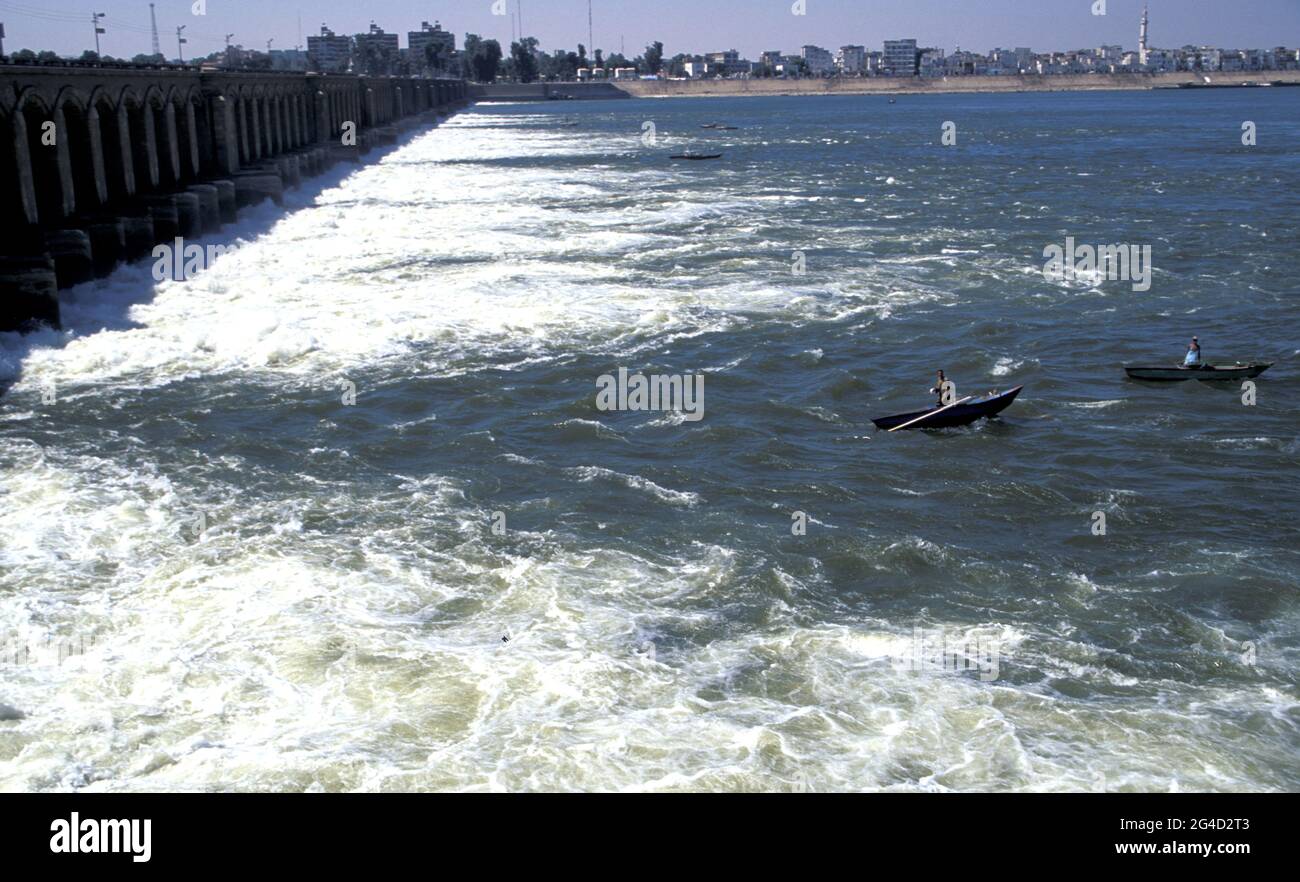Assiut Barrage is a dam on the Nile River in the city of Assiut in Upper Egypt (250 miles to the south of Cairo)  completed in 1903. Stock Photo