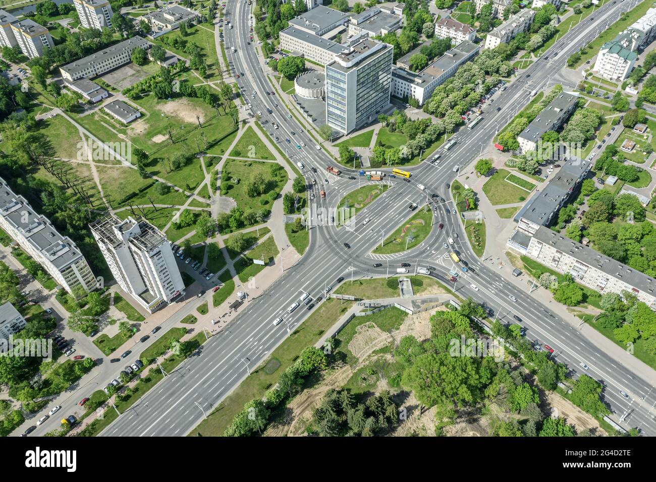 traffic roundabout in the city. aerial view from flying drone Stock Photo