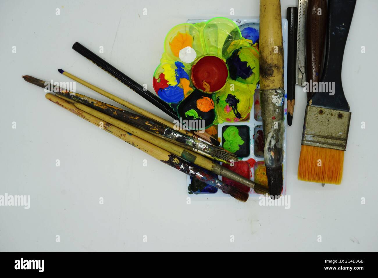 Equipment for painting, watercolor, Palette , paintbrush Stock Photo