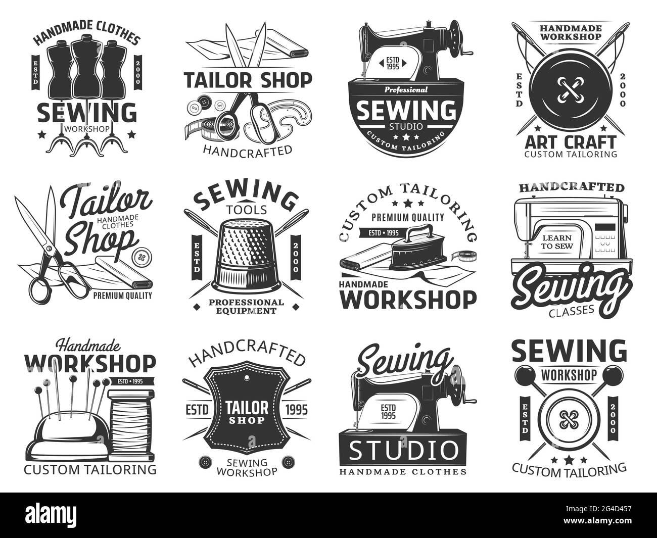 Sewing and tailor icons, vector emblems. Custom tailoring service and ...
