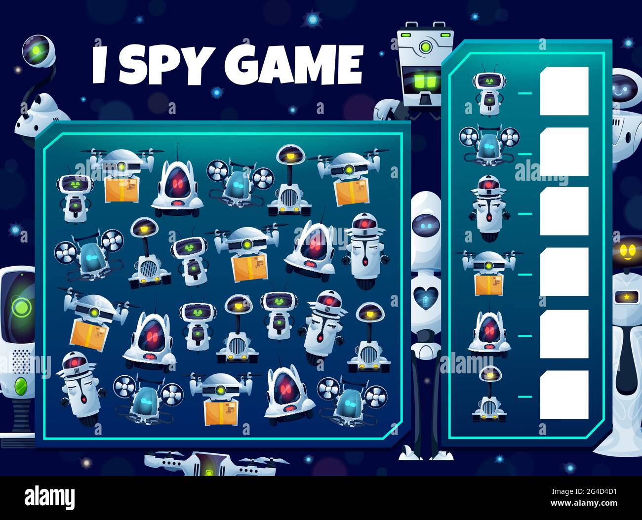 Kids I spy game with robots, vector educational puzzle with cyborgs, androids and drones characters. Development of numeracy skills and attention, car Stock Vector
