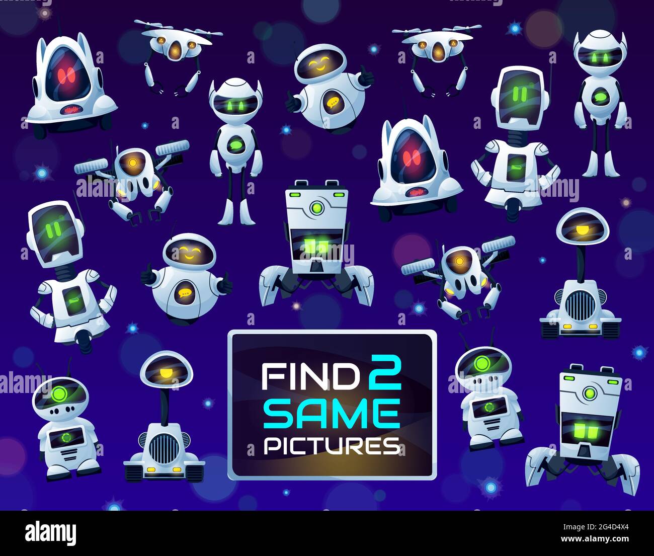 Find same robots or drones vector kids game, puzzle or riddle. Children ...