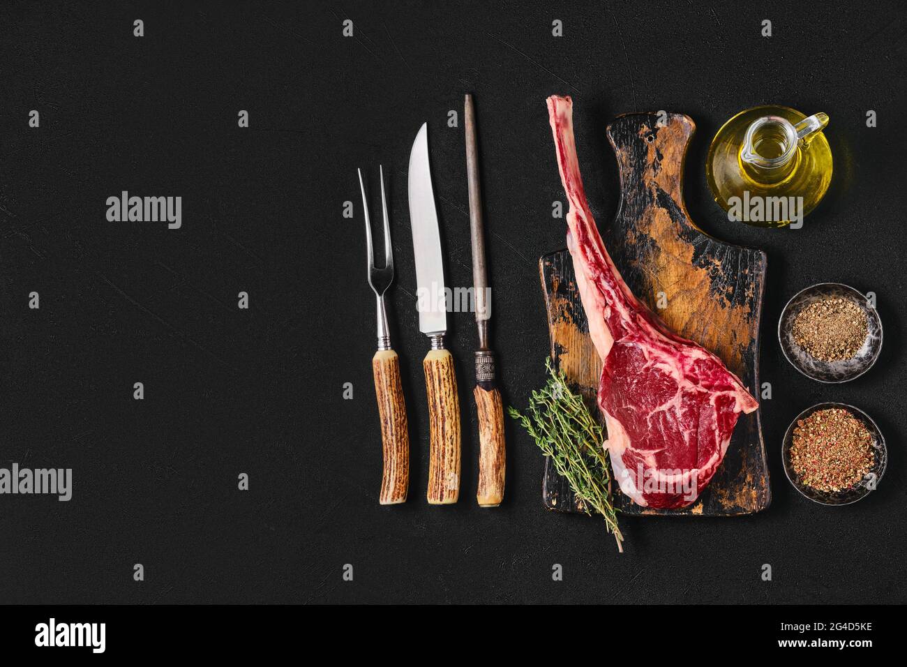 Preparation of tomahawk steak (view from above) Stock Photo