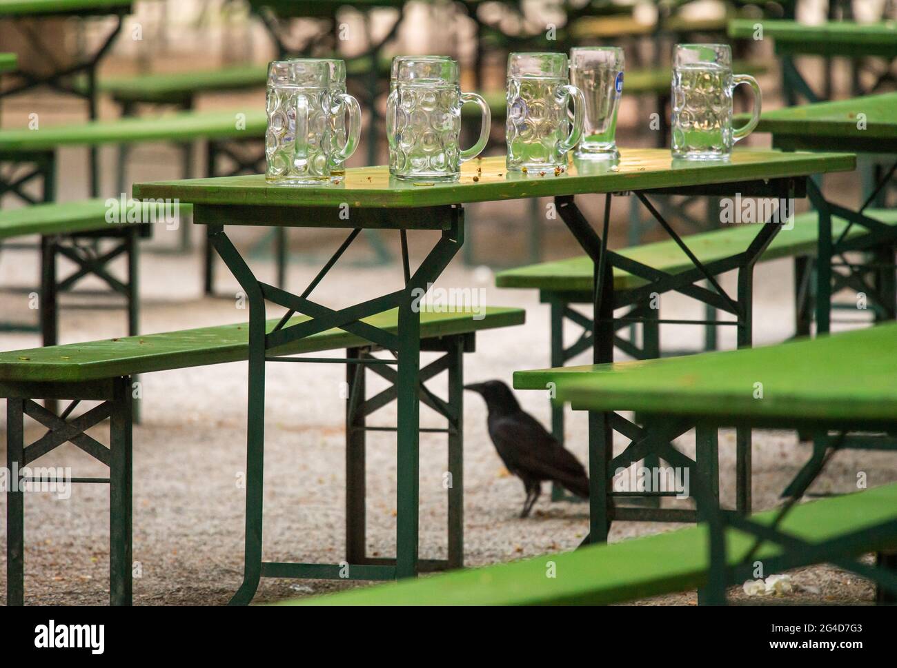 Munich, Germany. 21st June, 2021. Five empty beer mugs stand on a table in the Biergaren at the Chinese Tower in the English Garden. Credit: Peter Kneffel/dpa/Alamy Live News Stock Photo