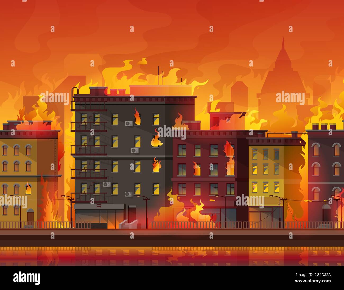 Fire in city, burning buildings on town street. Natural disaster or  catastrophe, war conflict or climate changes cartoon vector background.  Condominiu Stock Vector Image & Art - Alamy