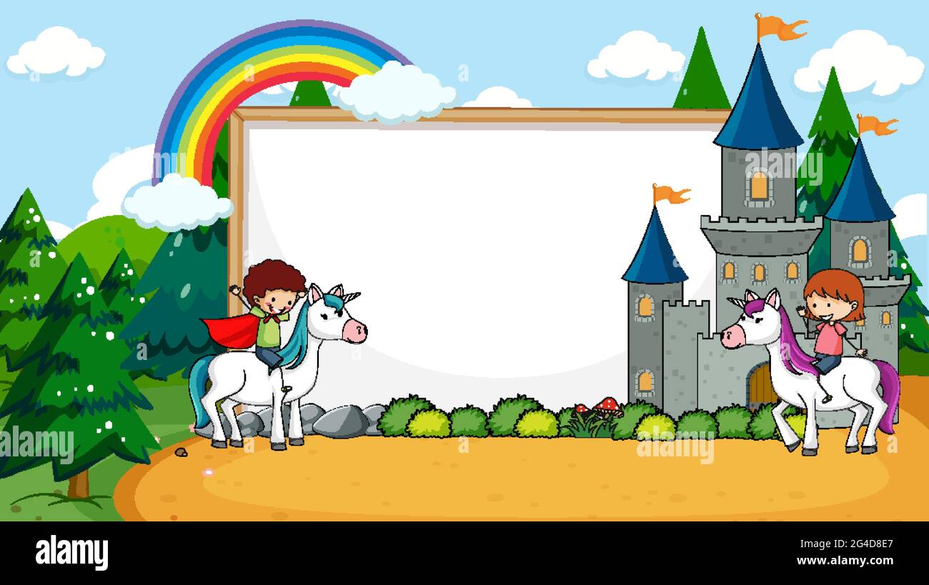 Blank banner in the forest scene with fairy tales cartoon character and ...