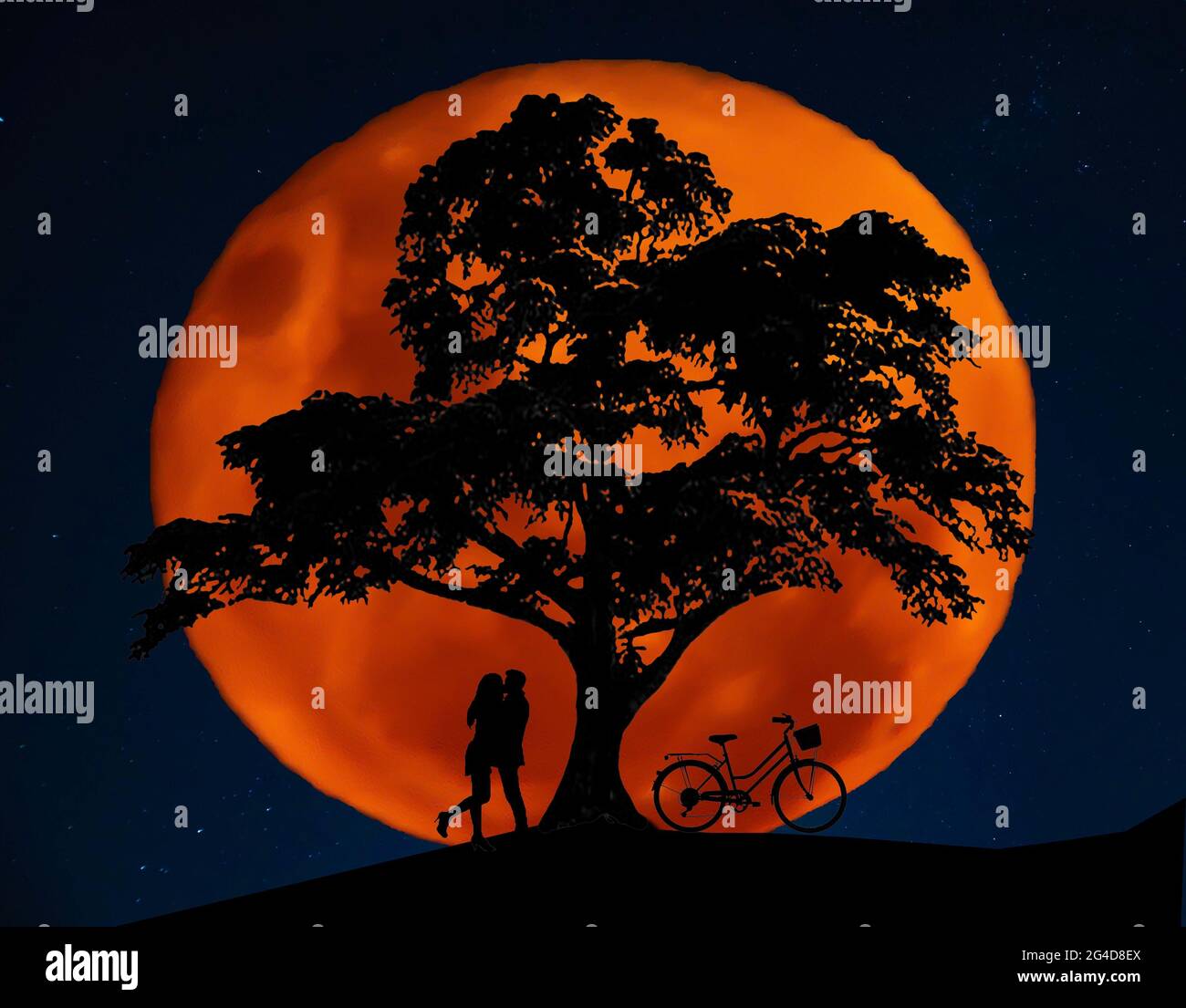 Full blood moon with southern cross stars in background as silhouette of a couple kissing under the Lebanese cedar tree bike near them Stock Photo