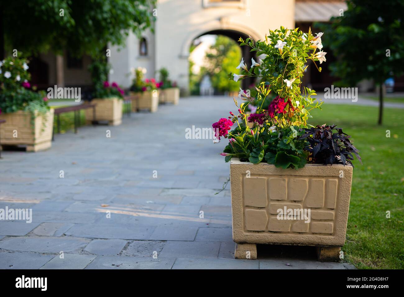 A large ceramic flower pot stands by the sidewalk leading to the