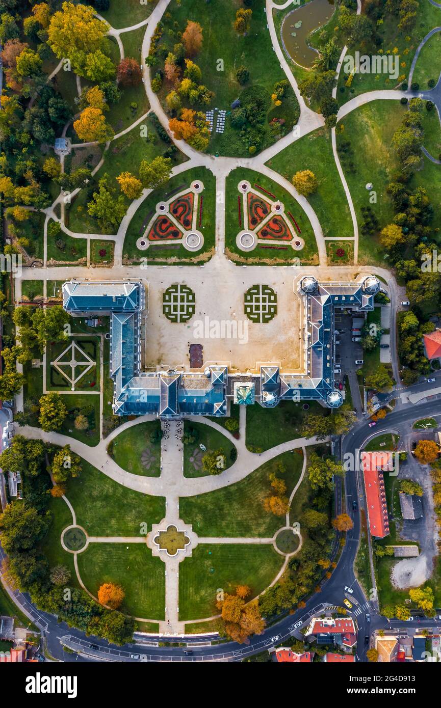 Keszthely, Hungary - Aerial top-down view of Keszthely with the famous Festetics Palace (Festetics Kastely) and garden from high above at sunset Stock Photo
