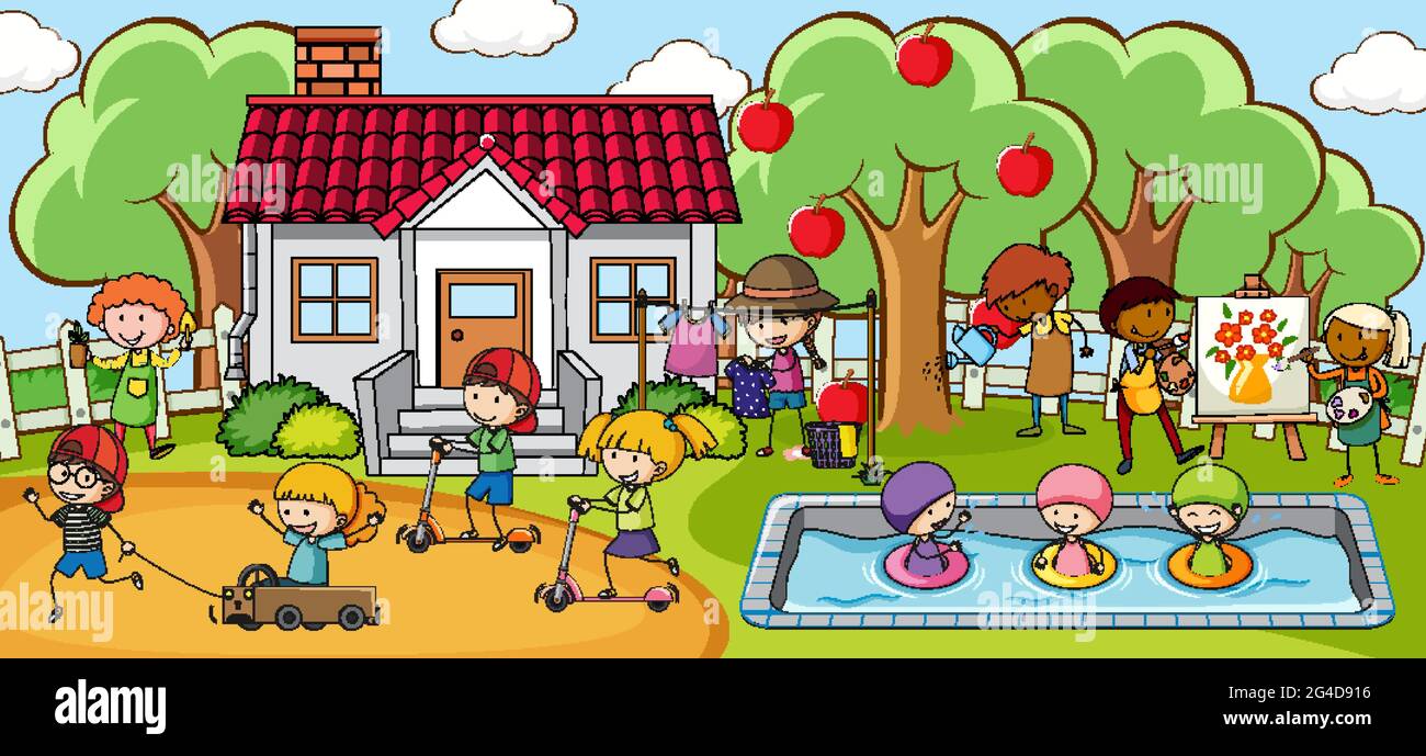 Outdoor scene with many kids playing in the park illustration Stock ...