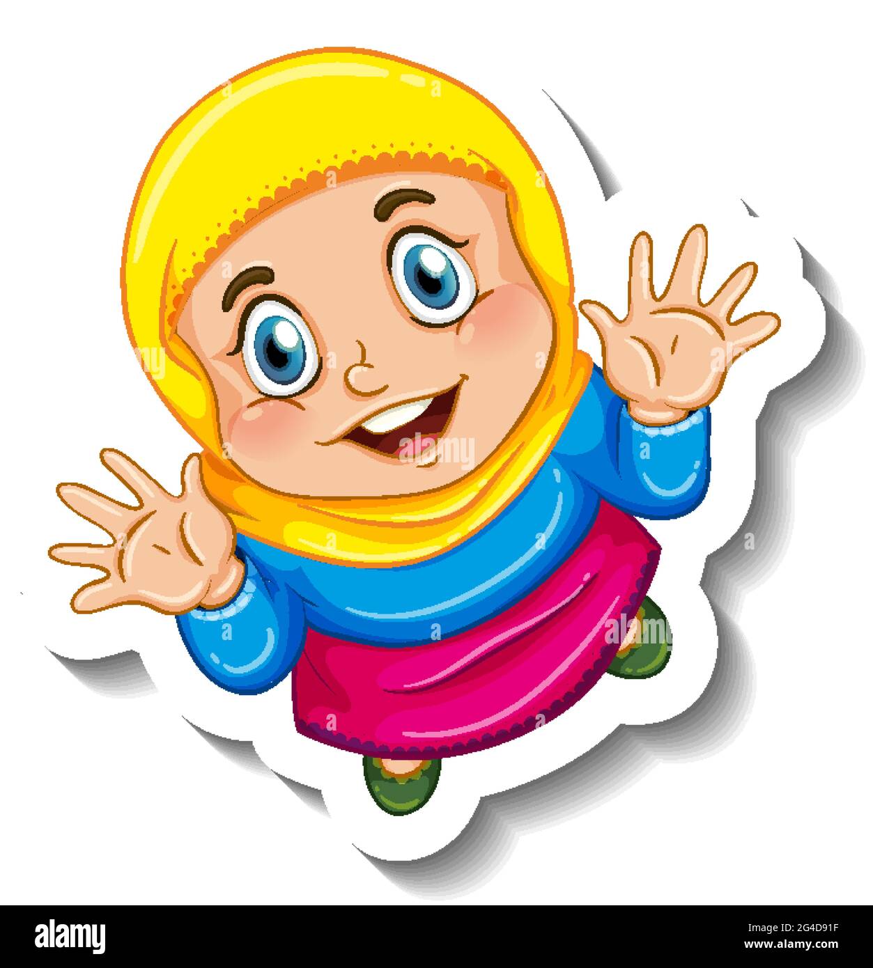 Sticker template with a muslim girl cartoon character isolated ...