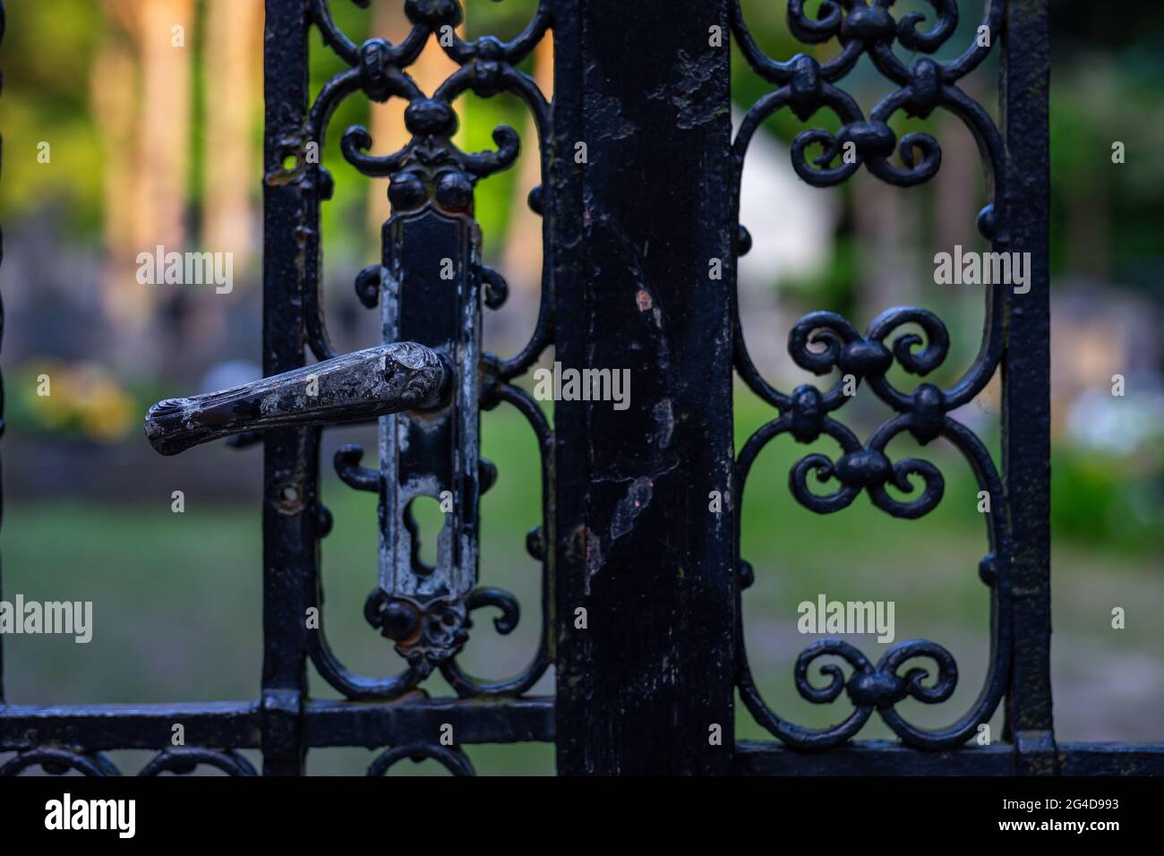 Steel handle of a forged steel gate the cemetery. Picture taken in a ...