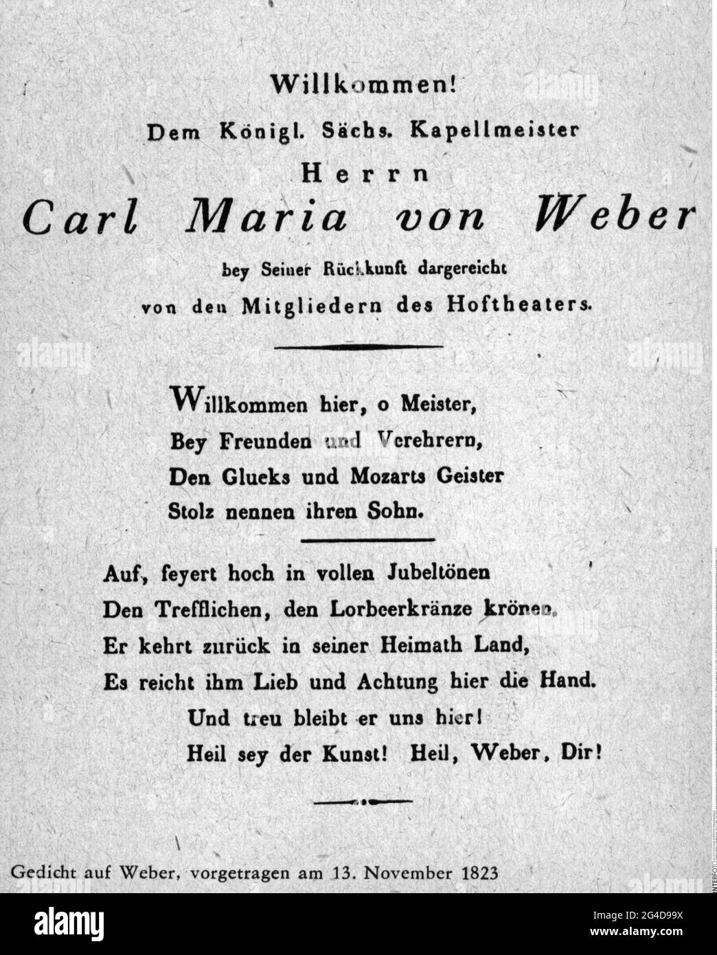 Weber, Carl Maria von, 18.11.1786 - 5.6.1826, German composer, poem to his honour, ARTIST'S COPYRIGHT HAS NOT TO BE CLEARED Stock Photo