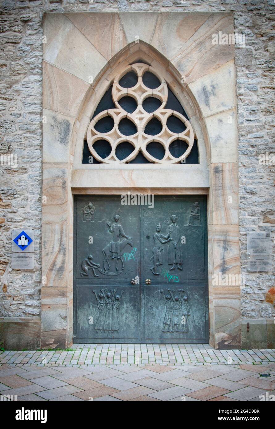 BIELEFELD, GERMANY. JUNE 12, 2021. Central gate of Old town Nicolai church. Traditional architecrure of Europe. Stock Photo
