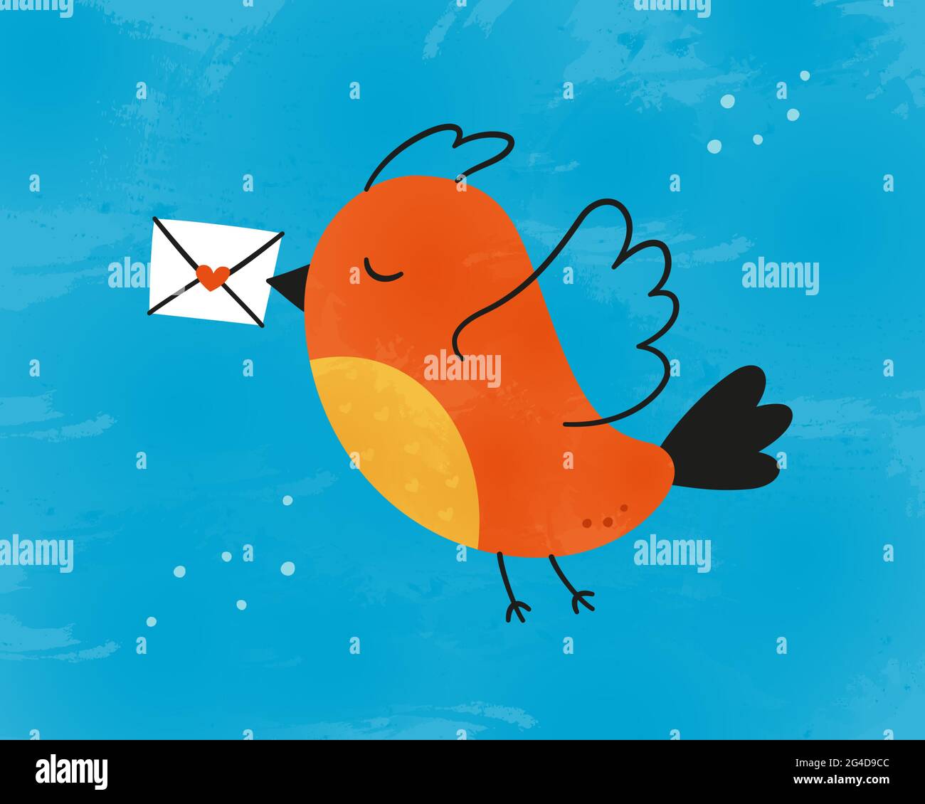 Cute bird carries a love letter. The postman Bird. Valentine card. Vector illustration in hand drawn style with watercolor texture Stock Vector