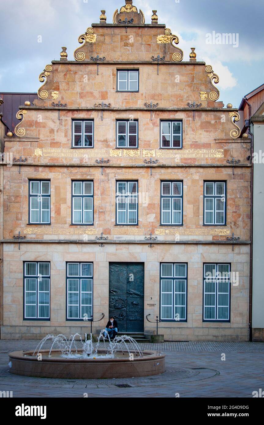 BIELEFELD, GERMANY. JUNE 12, 2021. Beautiful view to a house on Old market square. Old traditional architecture Stock Photo