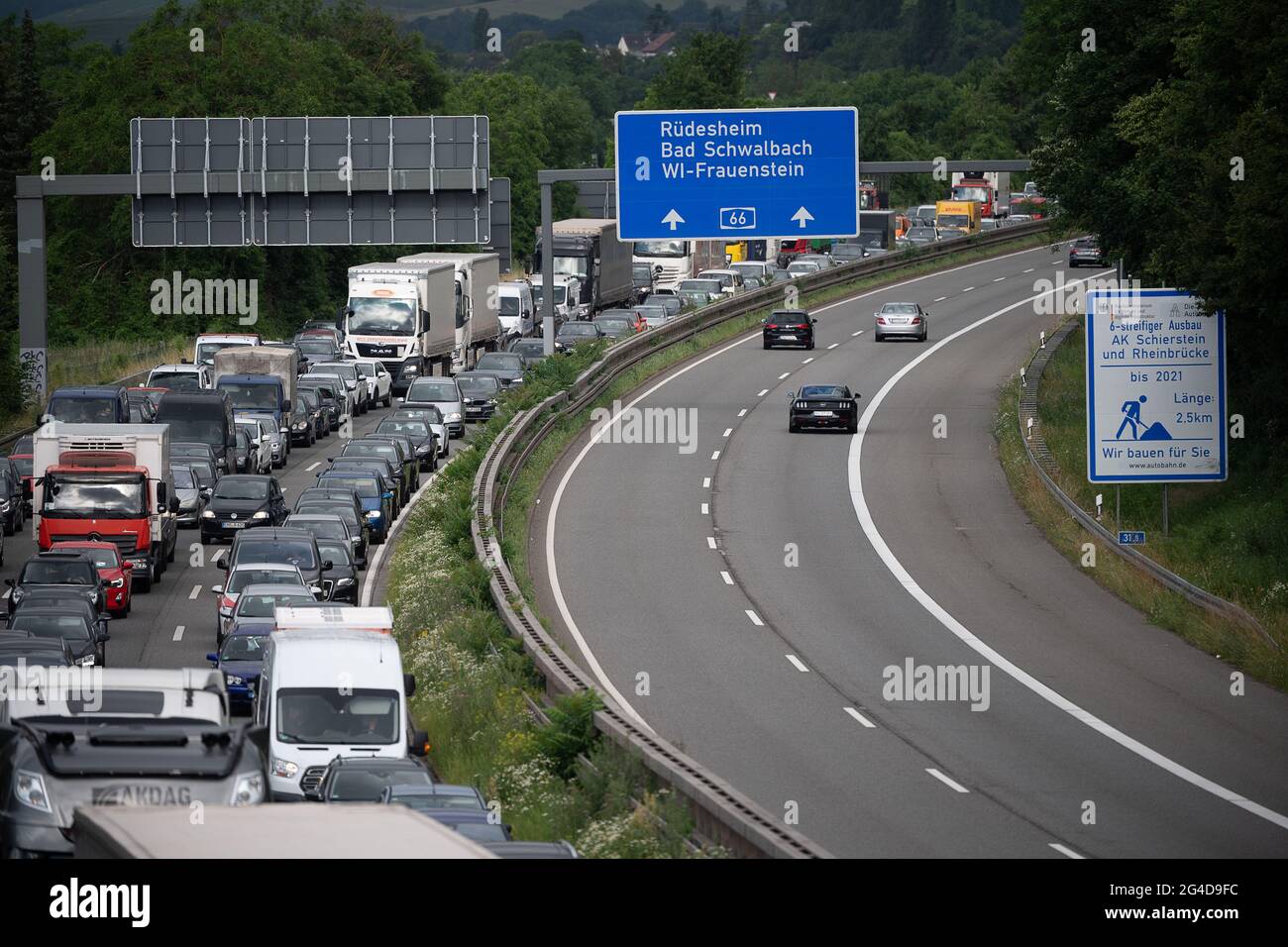 wiesbaden germany 21st june 2021 a man looks at the closed a66 after the salzbachtal bridge was closed the motorway bridge was fully closed on friday evening after large cracks were discovered