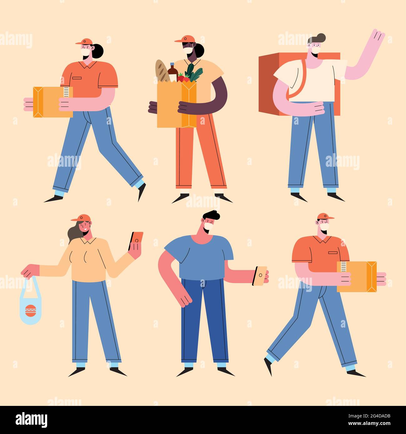 six delivery workers and customers Stock Vector