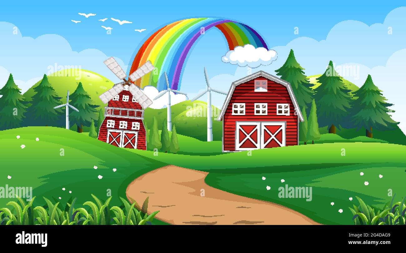 Farm landscape scene with barn and windmill illustration Stock Vector ...