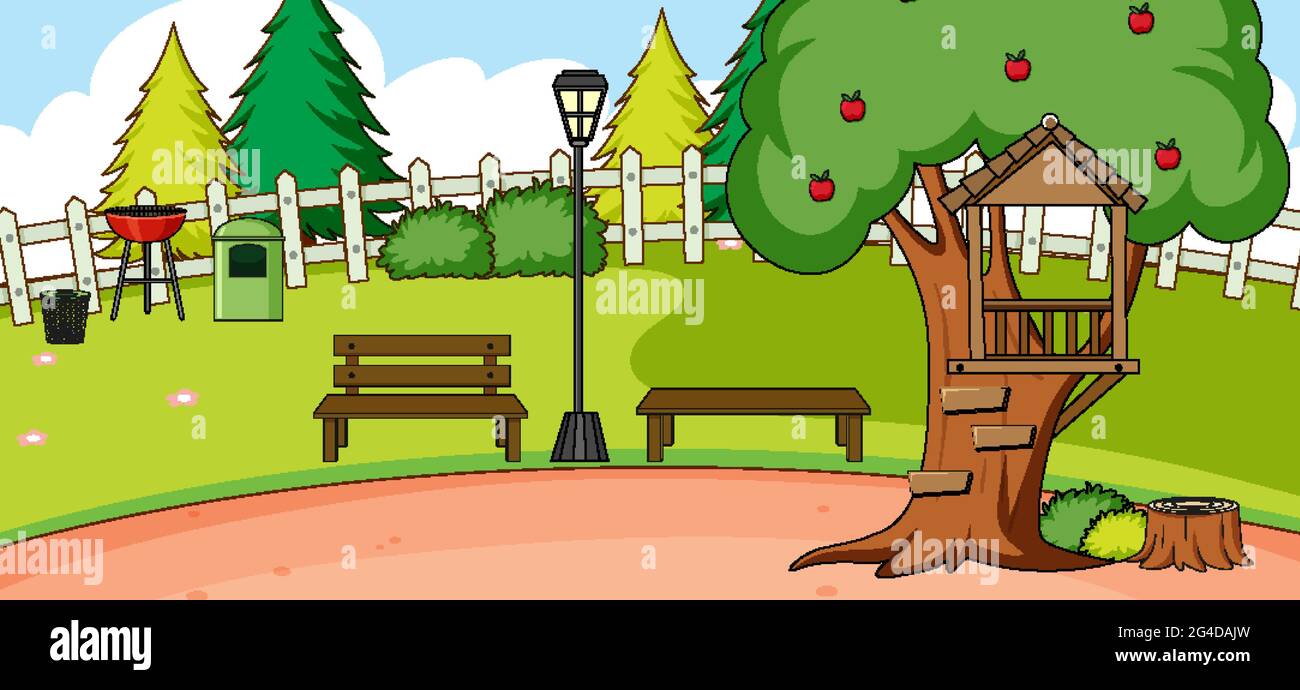 Outdoor scene with bench and apple tree in the park illustration Stock ...