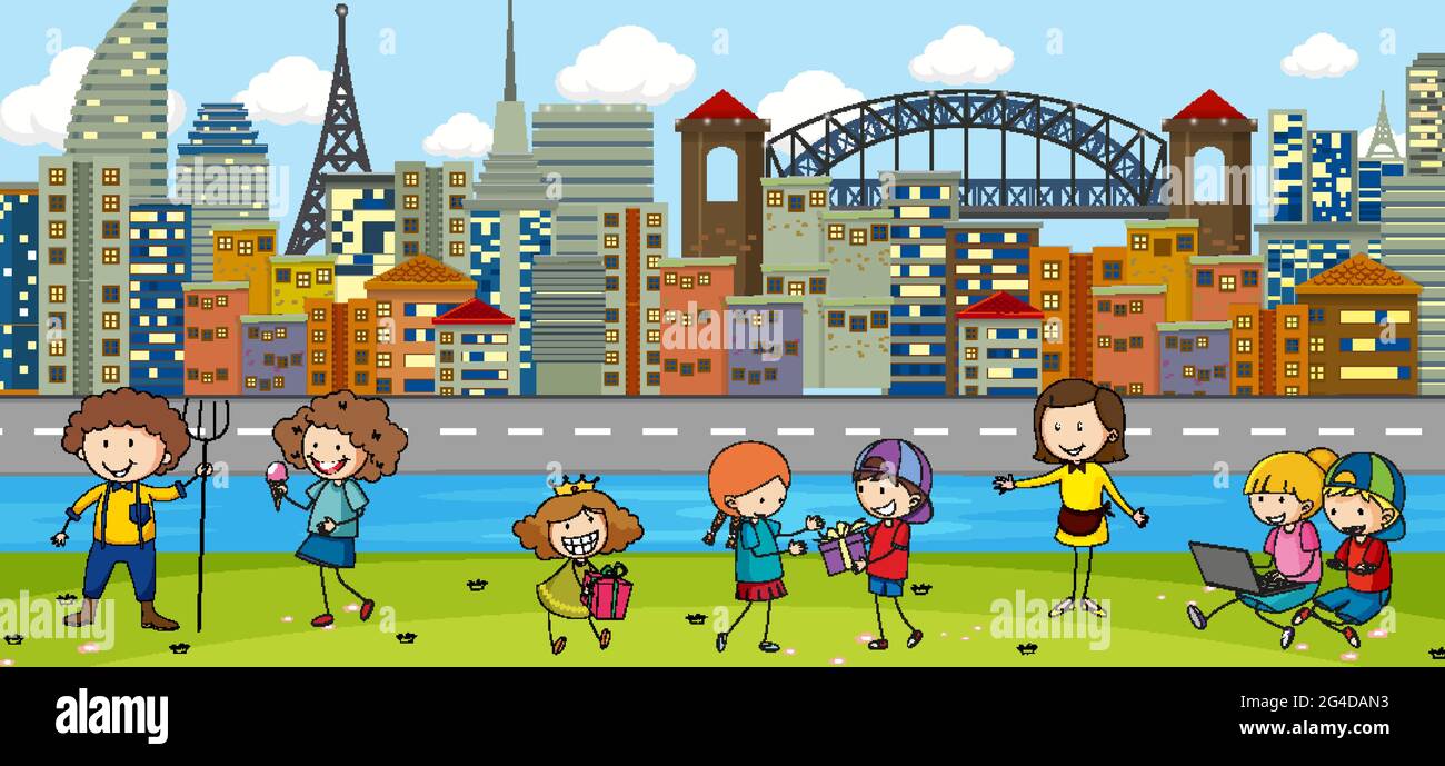 Outdoor scene with many kids playing in the park illustration Stock ...