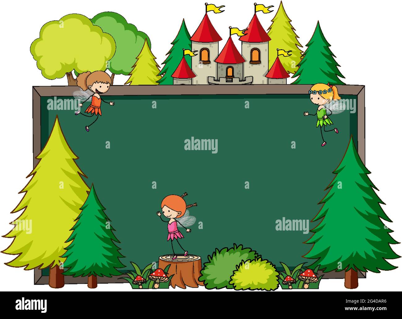 Empty chalkboard banner with fairy tale cartoon character and elements ...