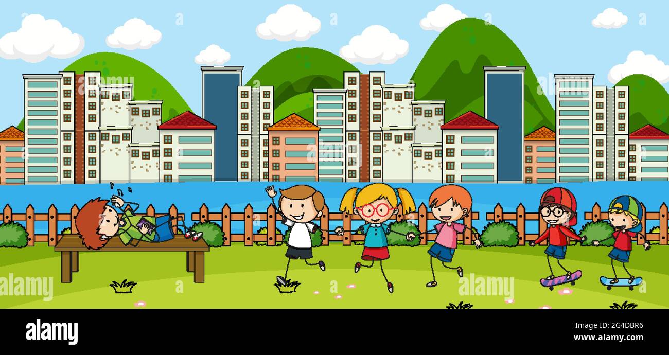 Outdoor scene with many kids playing in the park illustration Stock ...