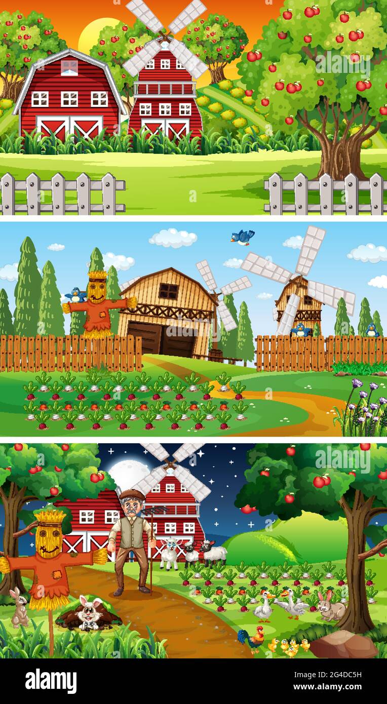 Different farm scenes with old farmer and animal cartoon character illustration Stock Vector
