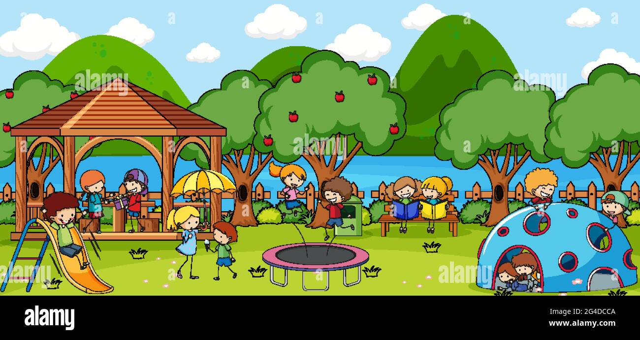 Outdoor scene with many kids playing in the park illustration Stock ...
