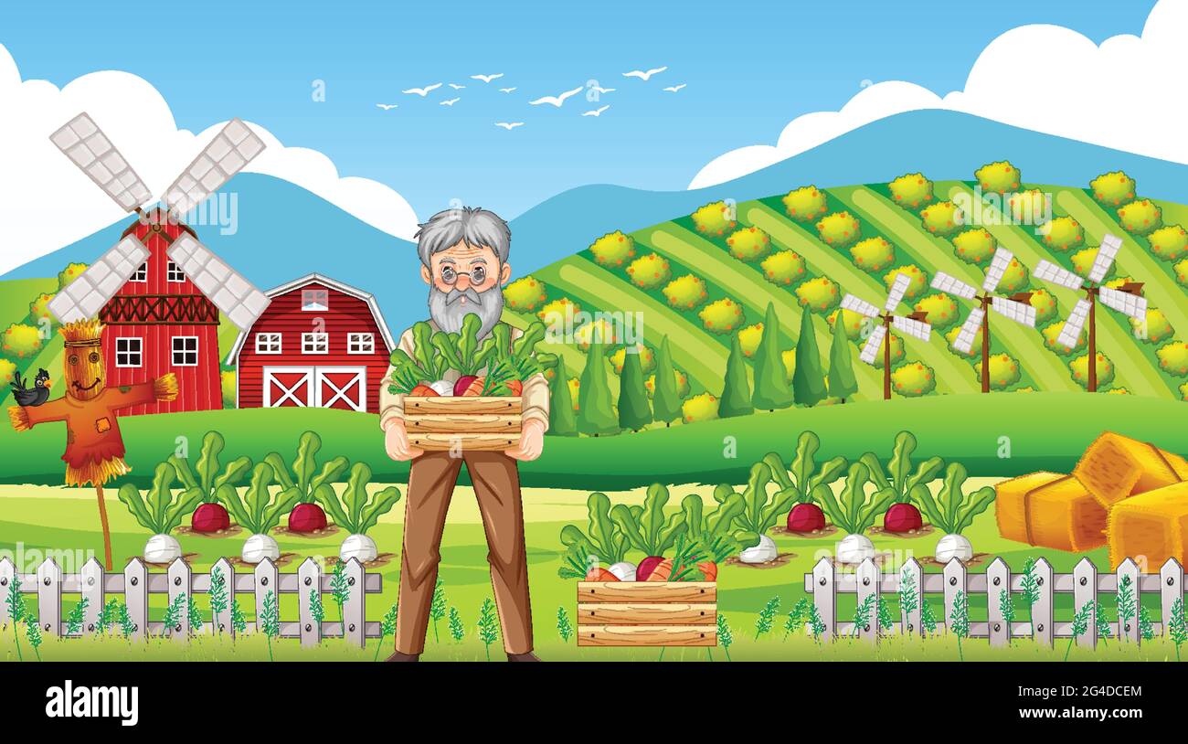 Farm scene with old farmer man and farm animals illustration Stock Vector