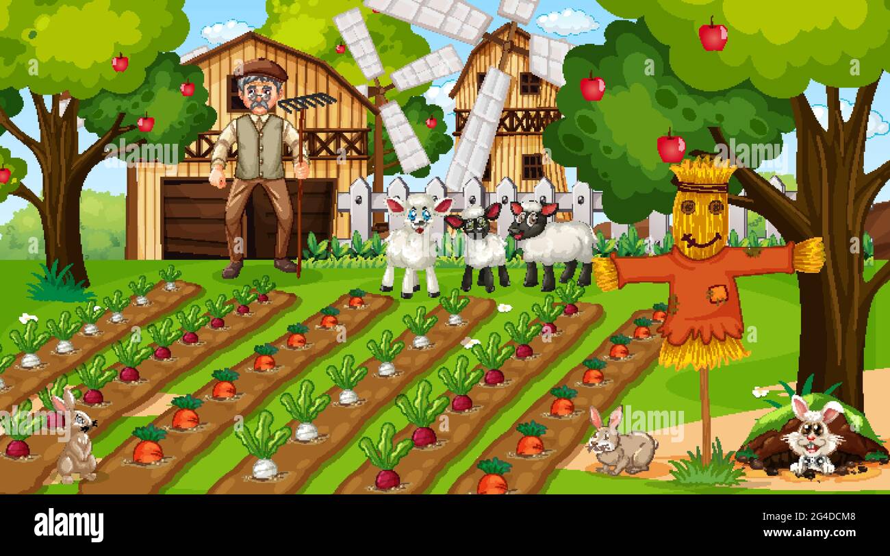 Farm scene at daytime with old farmer man and cute animals illustration ...