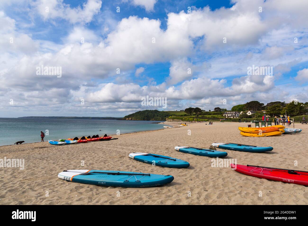 Gyllyngvase beach, Falmouth, Cornwall UK in June - kayaks on the sand Stock Photo