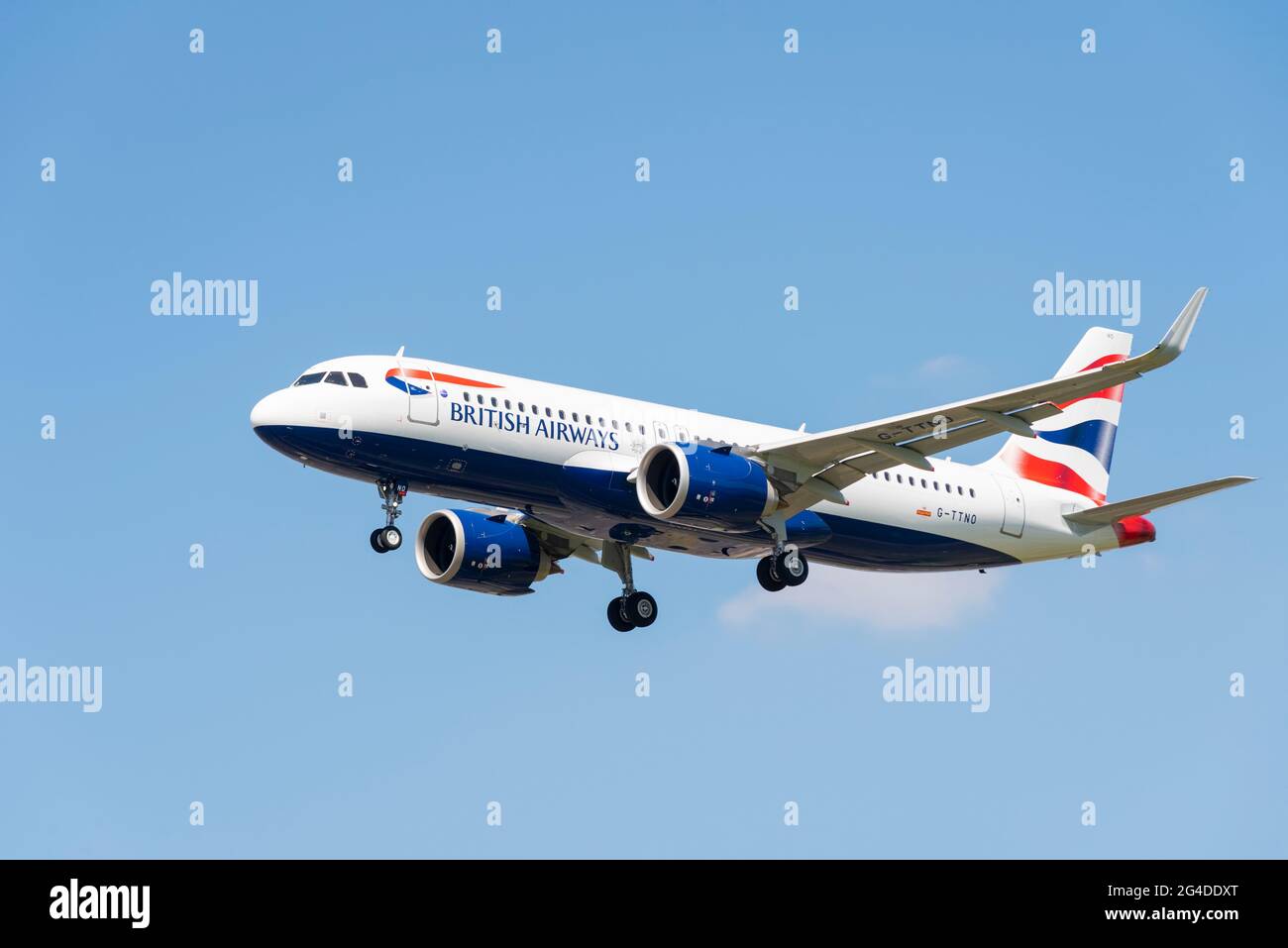 British Airways Airbus A320NEO airliner jet plane G-TTNO coming in on finals to land at London Heathrow Airport, UK. New economical modern airliner Stock Photo